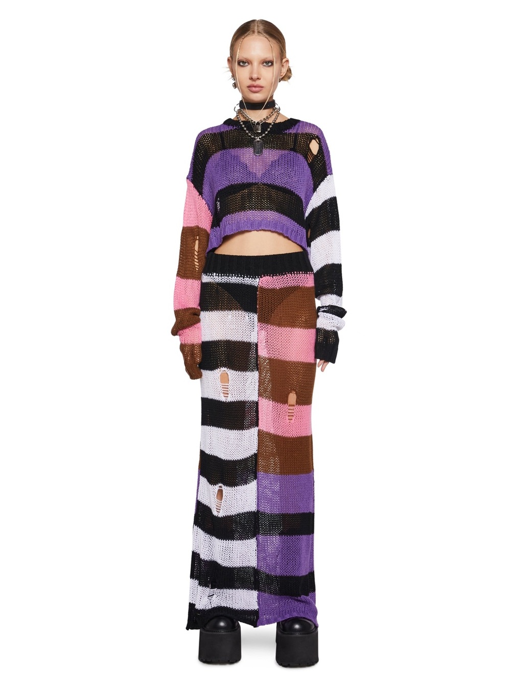 โ Dolls Kill Current Mood Colorblock Grunge Knit Crop Top & Midi Skirt Set - Sโ